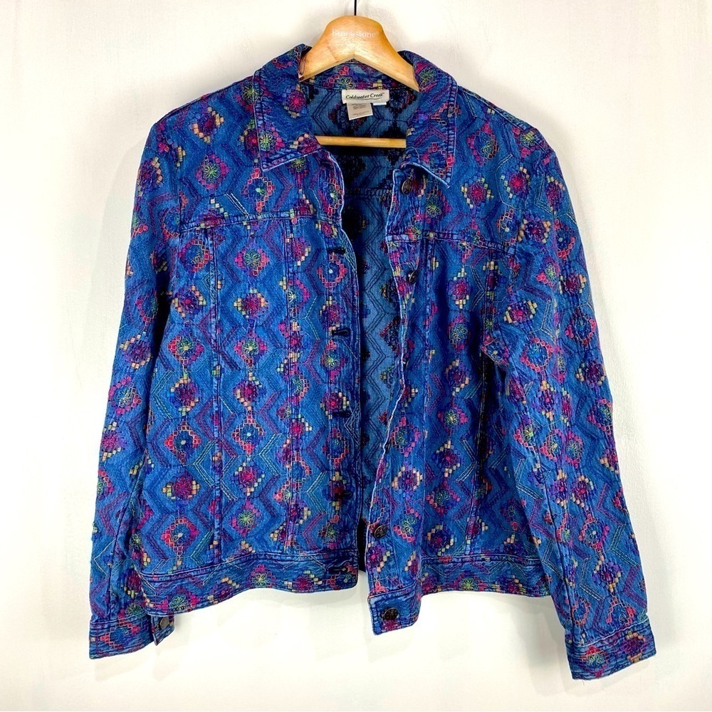 ColdWater Creek Embroidered Denim Button Up Down‎ Jean Jacket Shirt Size Medium